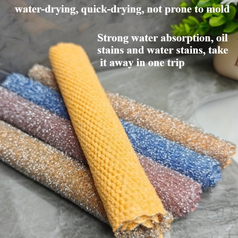 Multifunctional Double-sided Steel Wire Fine Velvet Cleaning Cloth available in sets of 3, 5, or 10 pieces. This double-sided cloth features a kitchen scrubber on one side and high absorbency, durable polyester on the other. Ideal for cleaning tableware