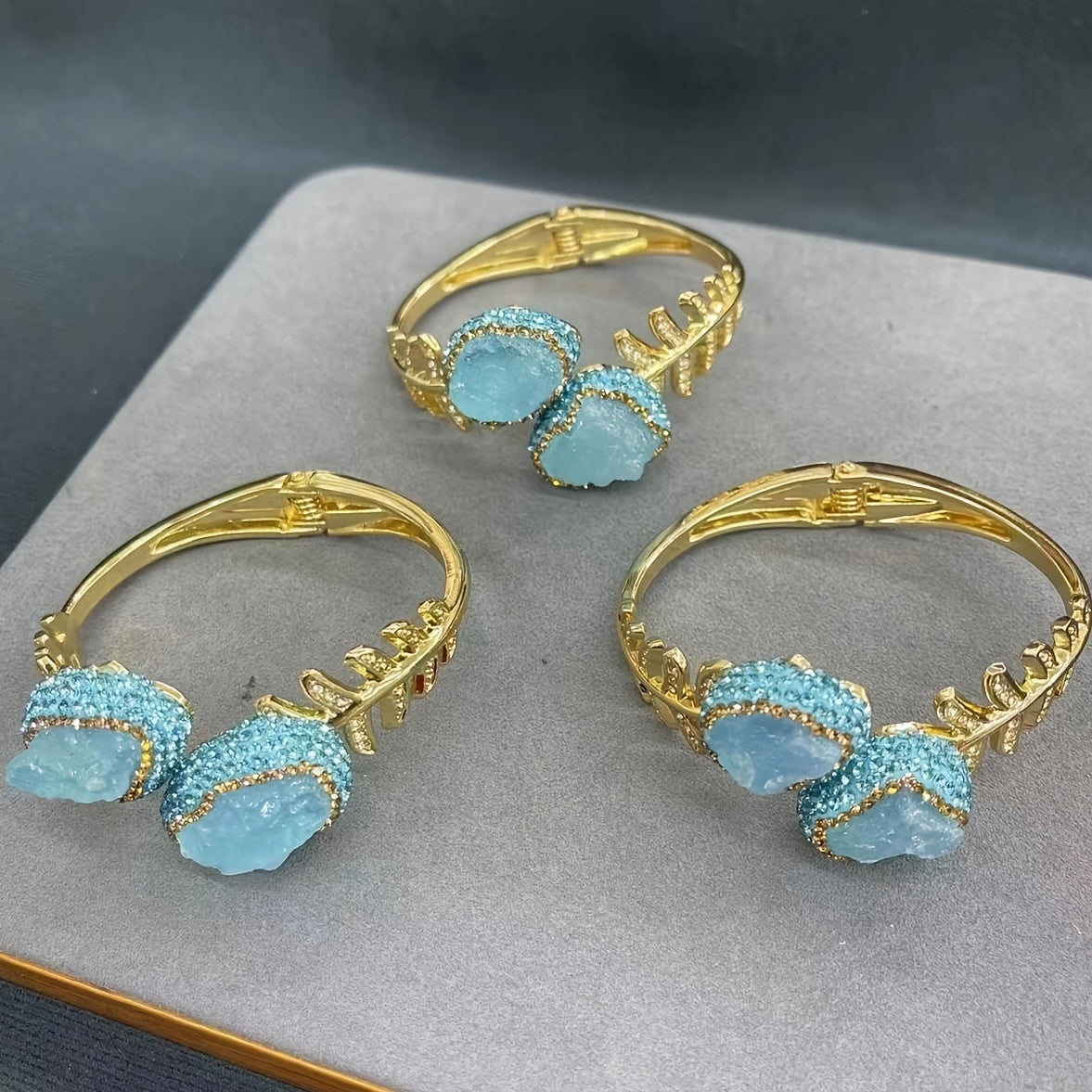 Gold Plated Aquamarine Raw Stone Bracelets featuring Bohemian & Minimalist Style, with Clay Inlay and Adjustable Leaf Design. Perfect Gift for a Delicate Female.