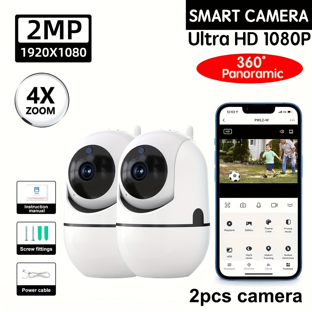 2 WJG Wireless Security Cameras, 1080P HD, 4X Zoom, Two-Way Audio, Motion Detection Alerts, Night Vision, USB Powered, Non-Waterproof, for Home & Commercial Surveillance.