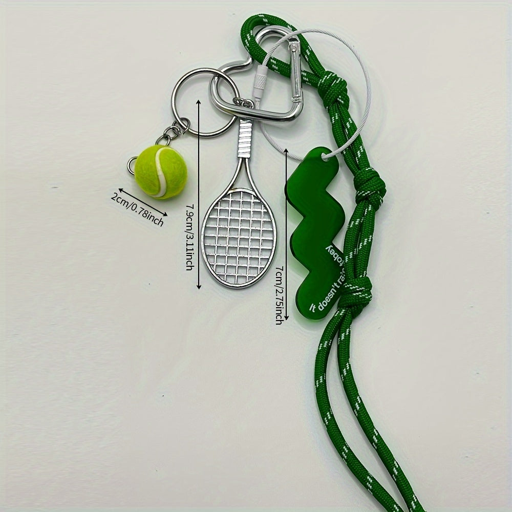 Metal keychain set featuring a tennis racket and ball design with rope accents, perfect for decorating bags with a sports theme. This multi-piece key ring accessory is ideal for attaching car keys and makes for a great Valentine's Day gift.