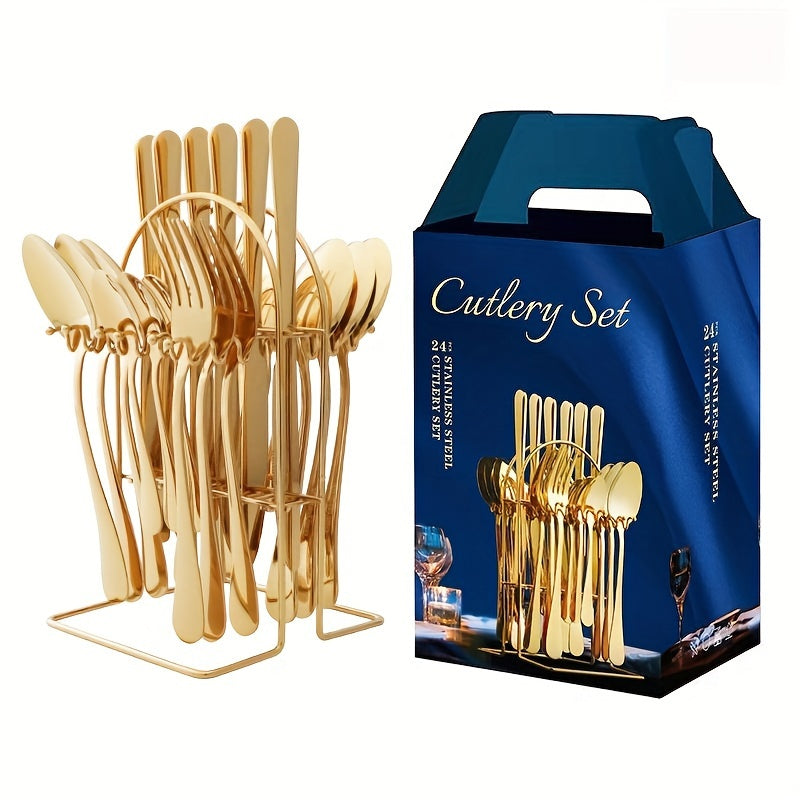 24-piece Golden Stainless Steel Cutlery Set with Metal Stand - Includes Steak Knives, Forks, Spoons - Ideal for Home, Restaurant, Party, Wedding.