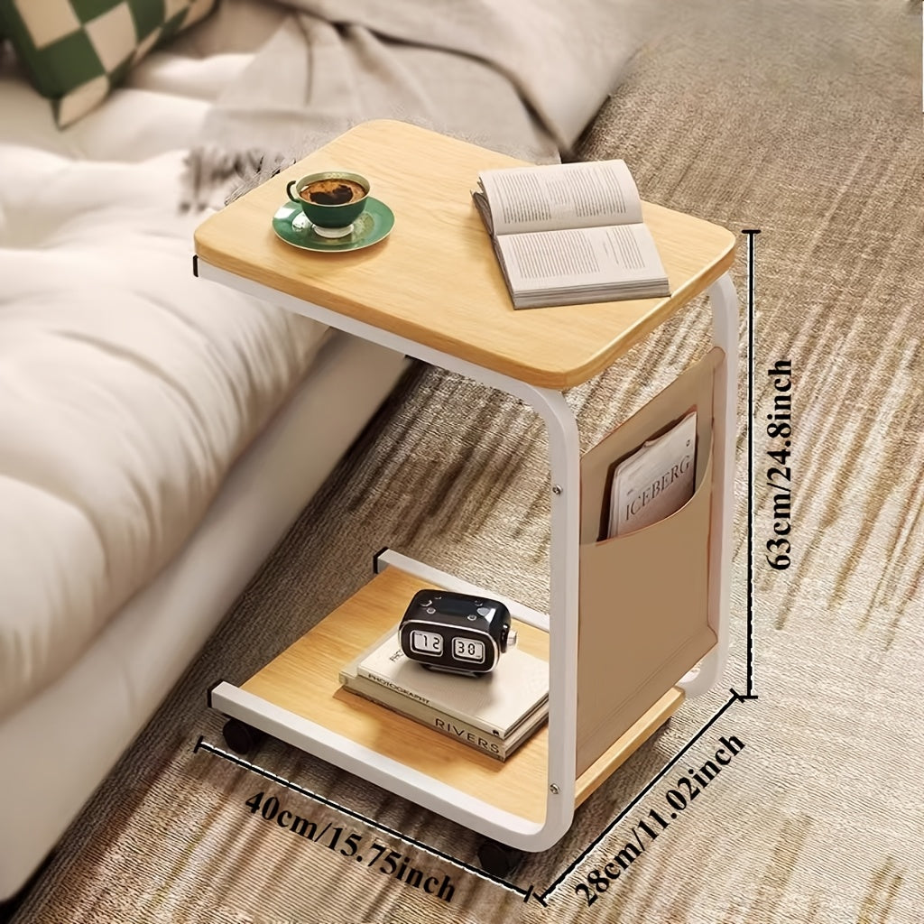 Rolling side table with wheels made of hardwood and metal frame, available in four colors for use in living room or bedside.