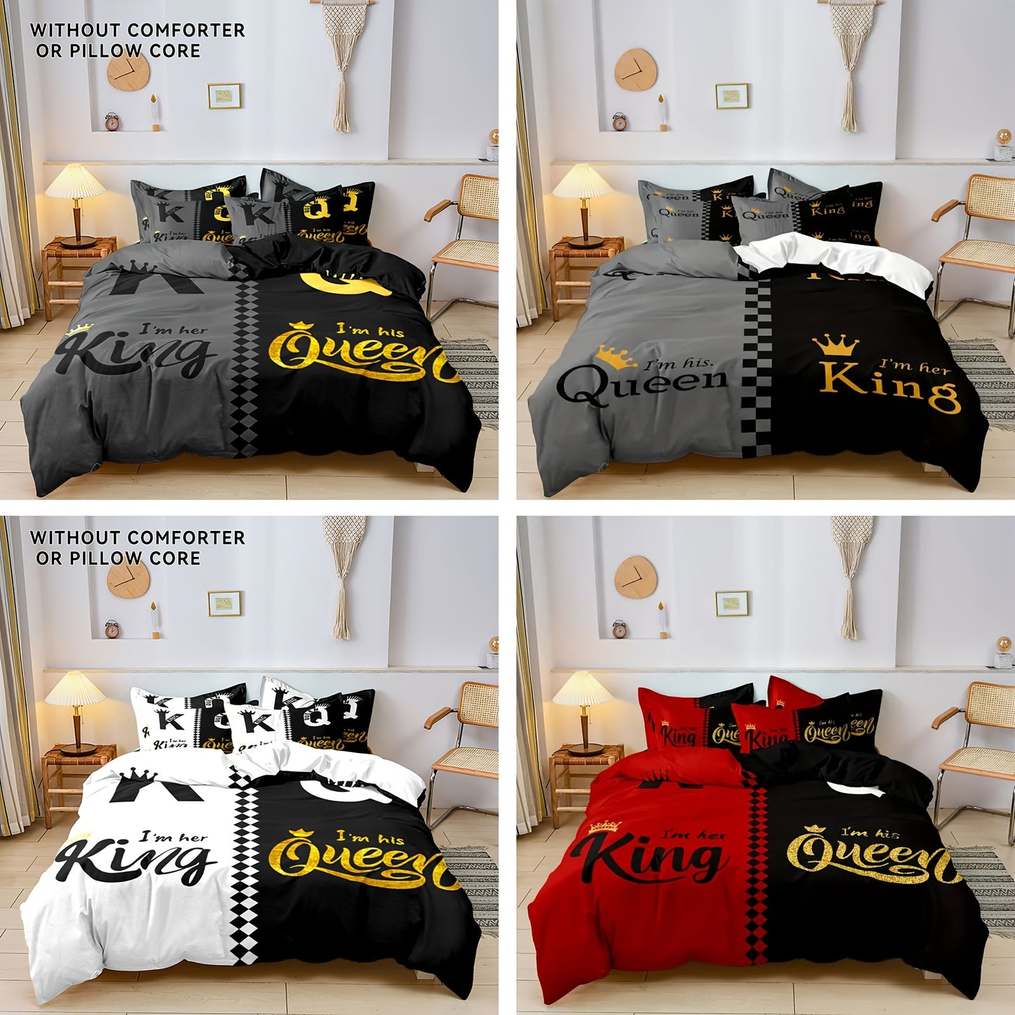 King & Queen Crown 3pcs Duvet Cover Set - Soft Breathable Polyester, Zipper Closure - Includes 1 Duvet Cover & 2 Pillowcases, Machine Washable, Digital Print