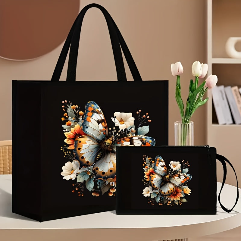 2-piece set consisting of a canvas tote bag with wallet, featuring butterfly and floral print, foldable and durable, fixed shoulder straps, polyester lining, kiss lock closure, geometric