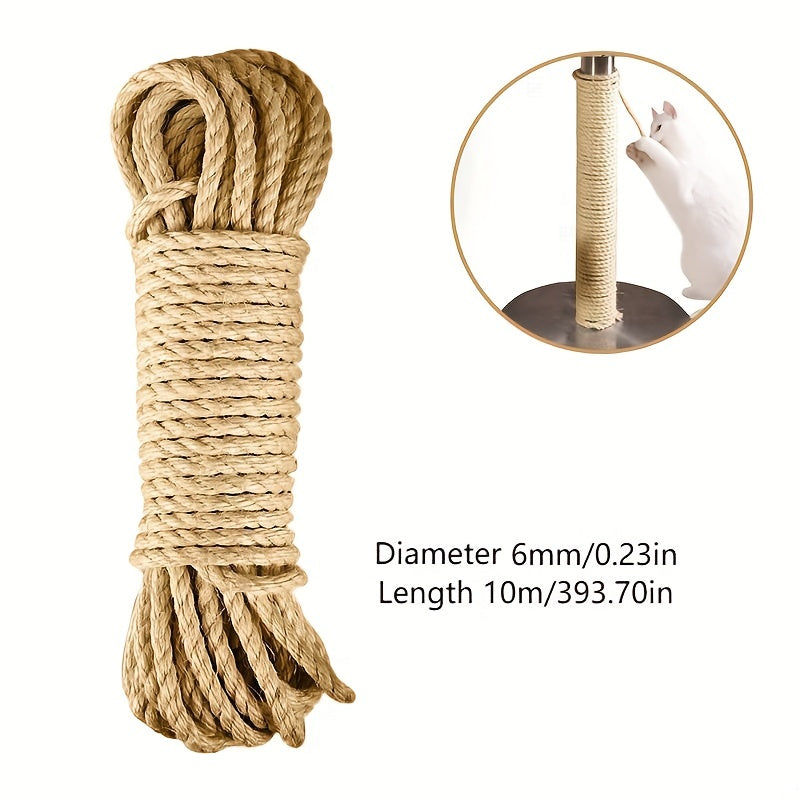 10M long natural sisal rope cat scratcher with DIY paw claw furniture protector for cats made from natural fabric material.