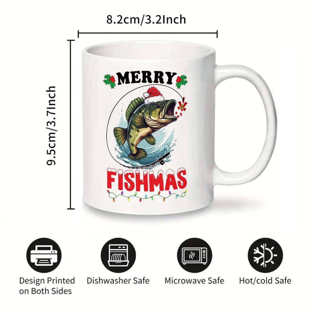 Get into the holiday spirit with the Festive Ceramic Coffee Mug featuring a Merry Fishmas Fishing Christmas Design. This mug is food contact safe and requires no electricity, making it perfect for use at the office, while camping, or during dining. It