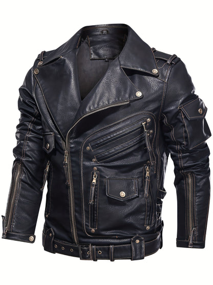 Men's stylish black biker jacket with zipper pockets, loose fit, studded details, and durable polyester lining, perfect for spring and fall.