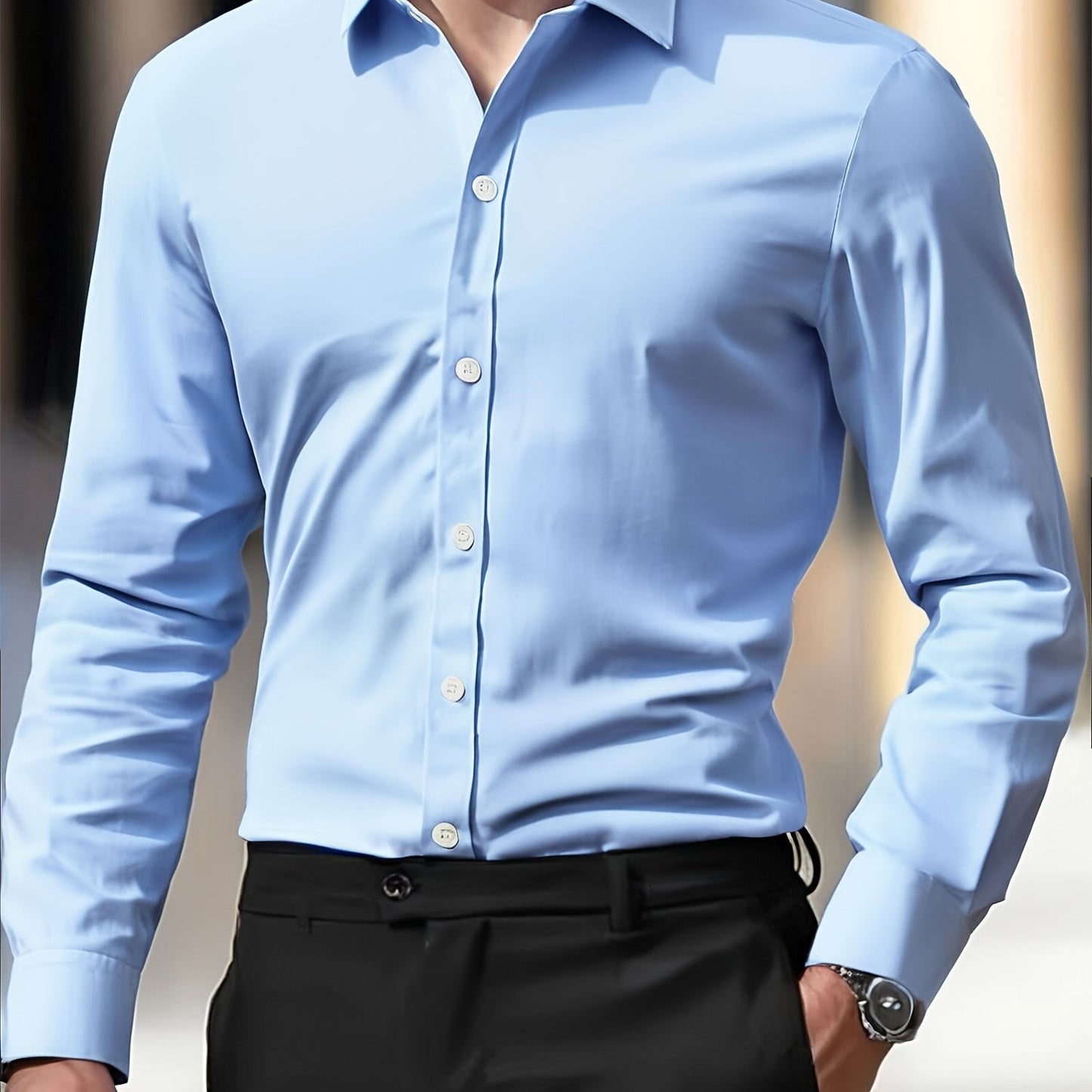 Men's Elegant Long Sleeve Button-Up Shirt made of casual polyester, non-stretch fabric for business and spring/fall.