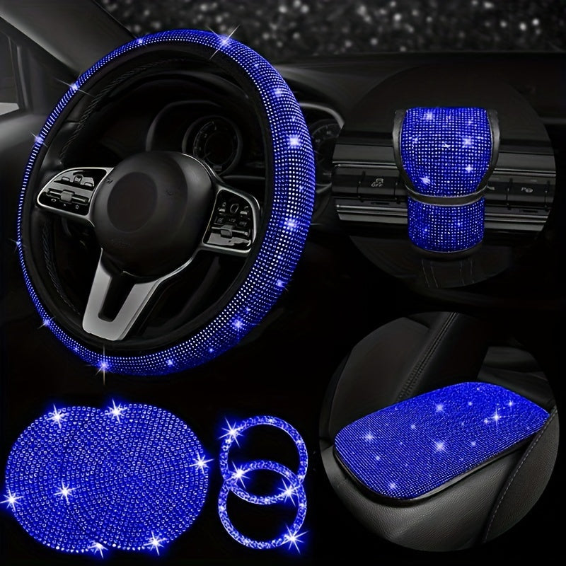 7-piece set of bling car steering wheel covers with cup holder coaster and gear shift knob cover. Made of polyester fiber with auto diamond detailing. Includes armrest pad and start button