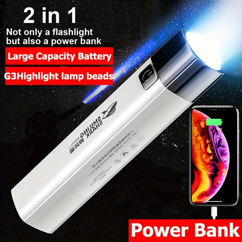 Shark LED Flashlight doubles as power bank, with USB rechargeable lithium battery, 150-350 lumens spot beam. ABS material, includes battery, USB cable, hand strap, storage bag. Ideal for