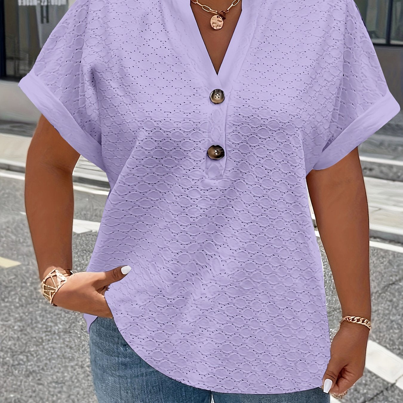 Eyelet solid V-neck t-shirt for spring & summer, women's plus size