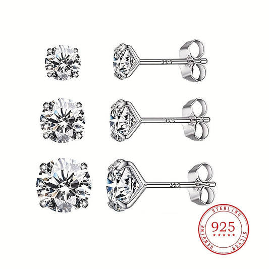 Set of three pairs of stud earrings in 925 silver for women, in sizes 4mm, 5mm, and 6mm.