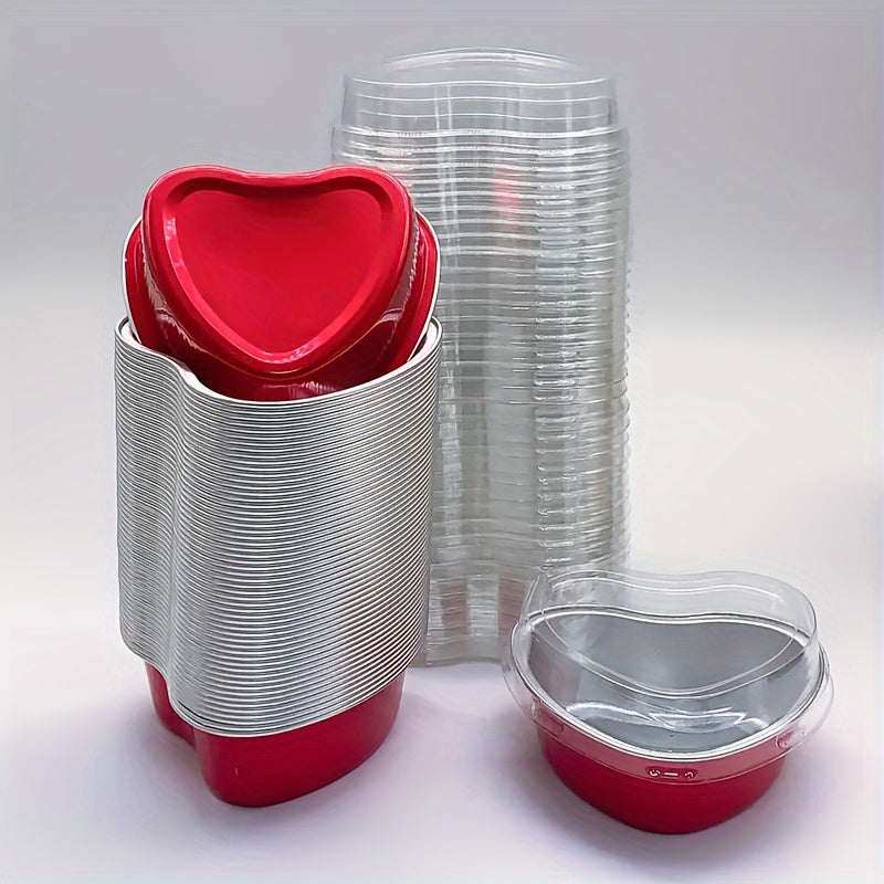 50 heart-shaped aluminum foil cake cups with lids, perfect for Valentine's Day, weddings, Mother's Day, birthdays, and Christmas.