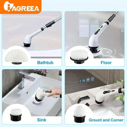 The electric cleaning brush features a rotary floor scrubber, wireless design, and 8 replaceable brush heads. With an adjustable extension handle and 360-degree rotation, this cordless cleaning brush is perfect for bathrooms and bathtubs. It includes a