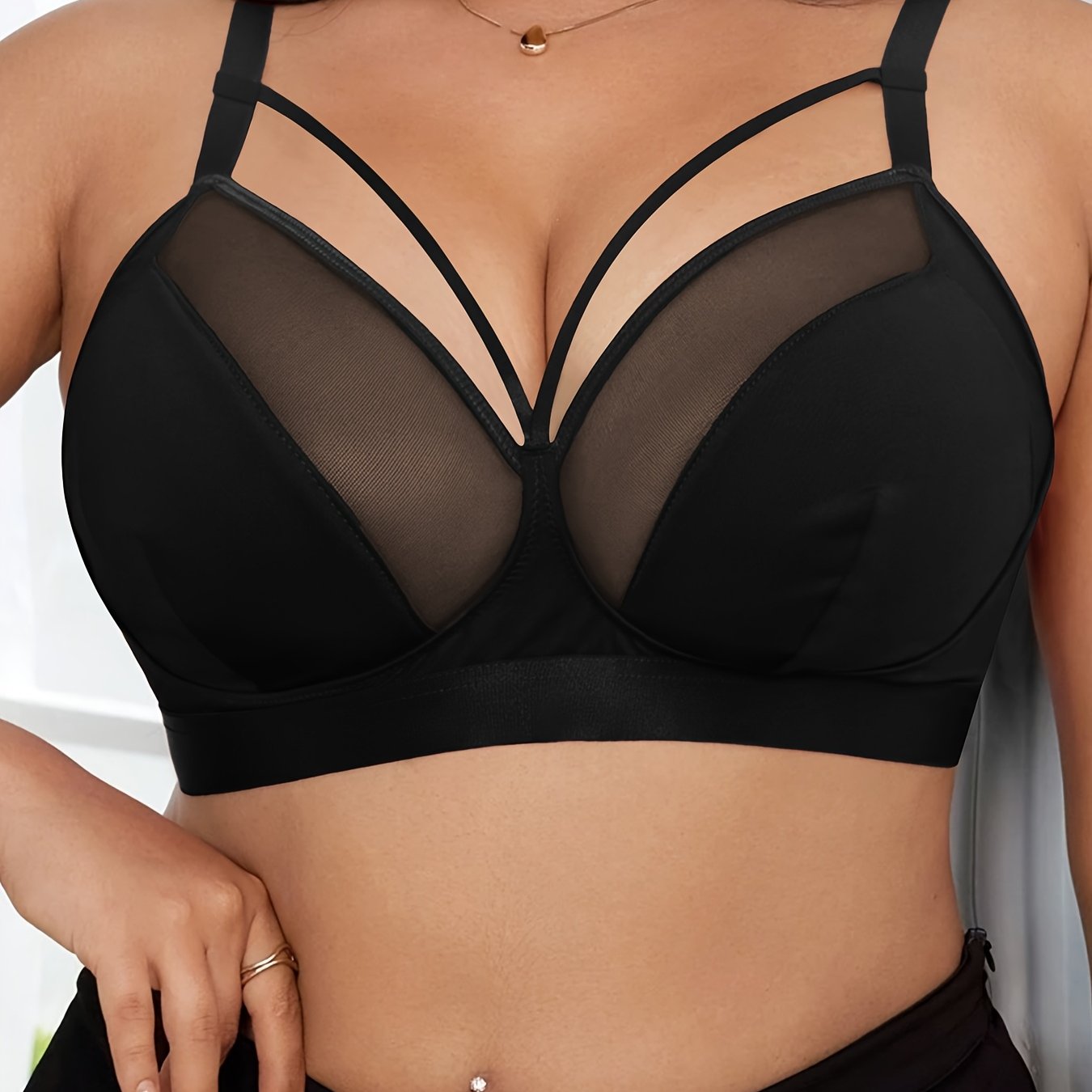 Plus Size Cross Strap Bralette made of Polyamide Blend, Wireless, Non-Padded, Slight Stretch, Solid Color in Knit Fabric, with Sexy Style.