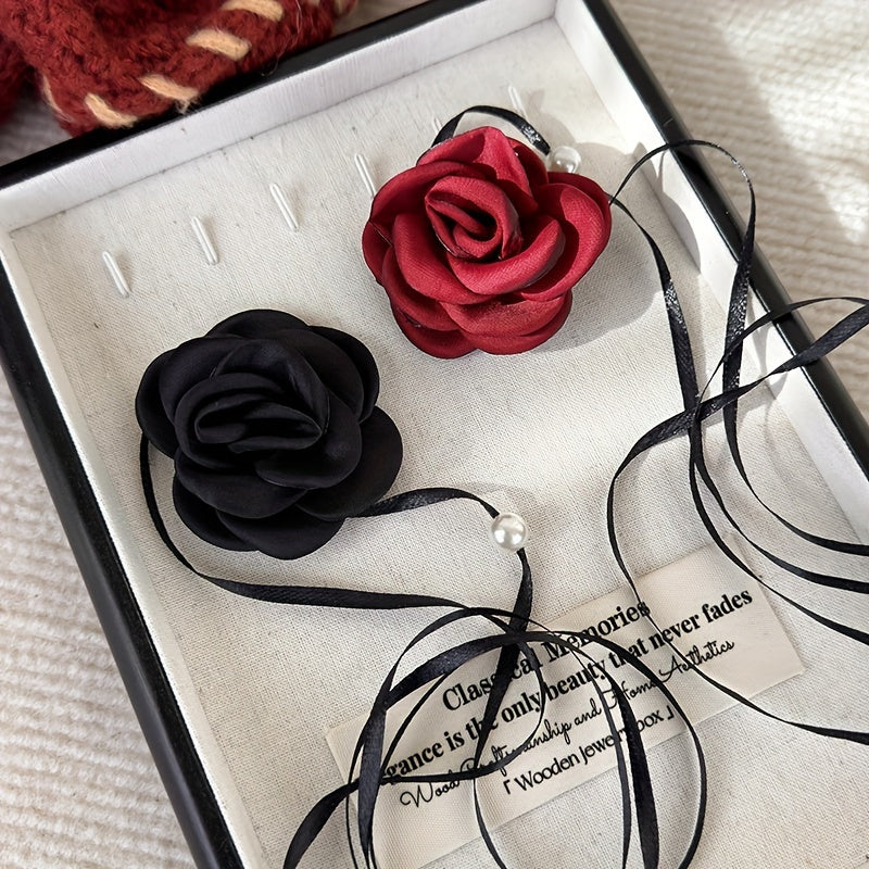 Set of 4 vintage rose flower choker necklaces made of polyester fabric for women.