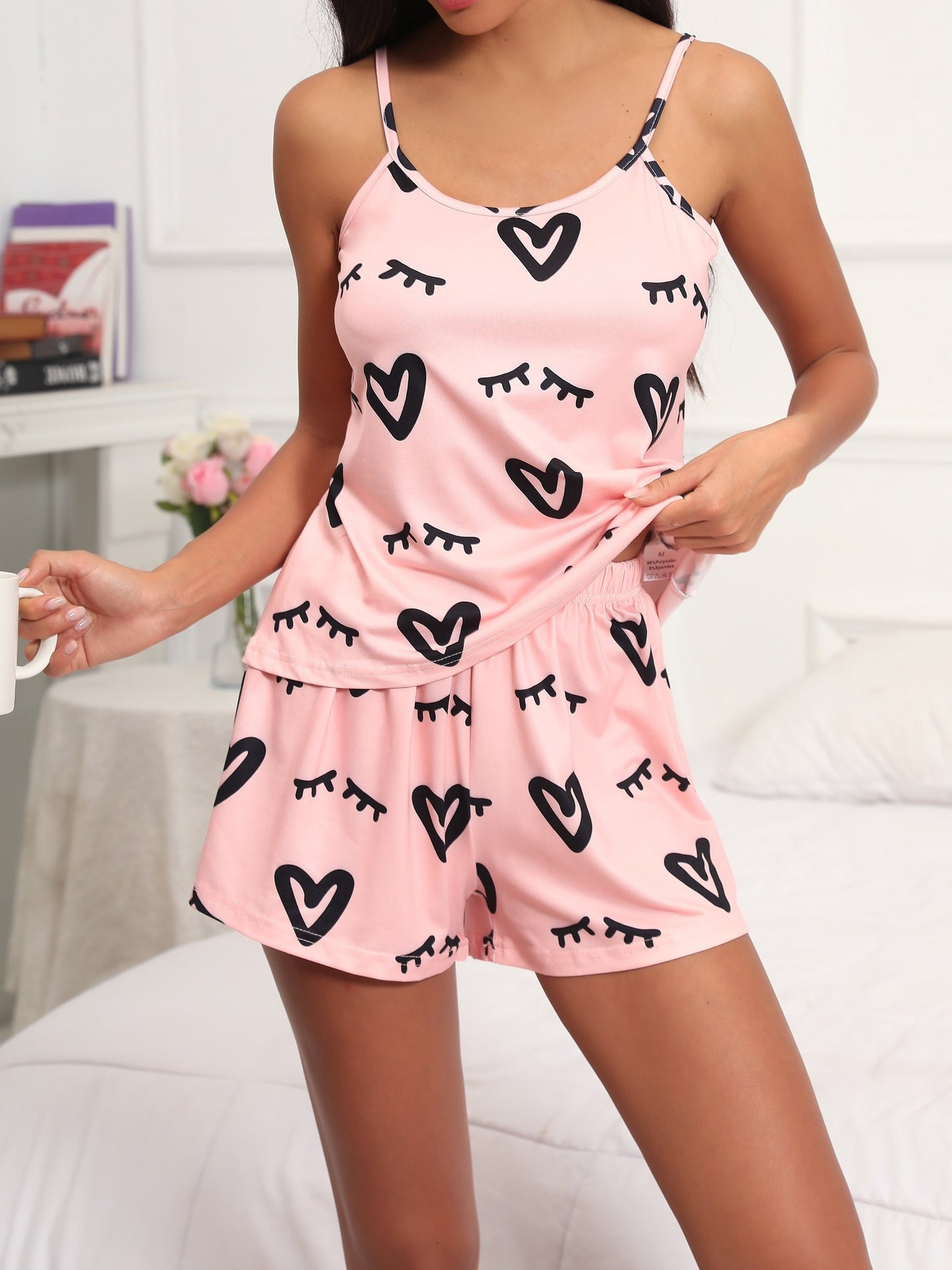 Women's Heart Print Pajama Set with Cami Top and Elastic Waist Shorts