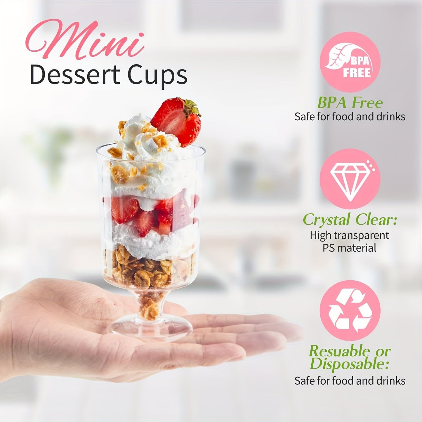 20 pieces of 3.5 oz transparent mini dessert cups, ideal for serving ice cream, mousse, dessert, cheese, pudding, cupcakes, and snacks. These versatile cups can also be used as drinkware for parties and gatherings, making them a must-have in your kitchen!