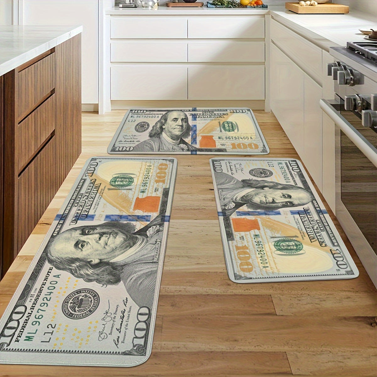 Non-Slip Runner Rug with Creative $100 Bill Design - Suitable for Bedroom, Kitchen, Laundry Room, and Hallway | Machine Washable Polyester Carpet with Anti-Skid Backing | Great for Halloween, Christmas, Easter, and Thanksgiving Decor | Low Pile