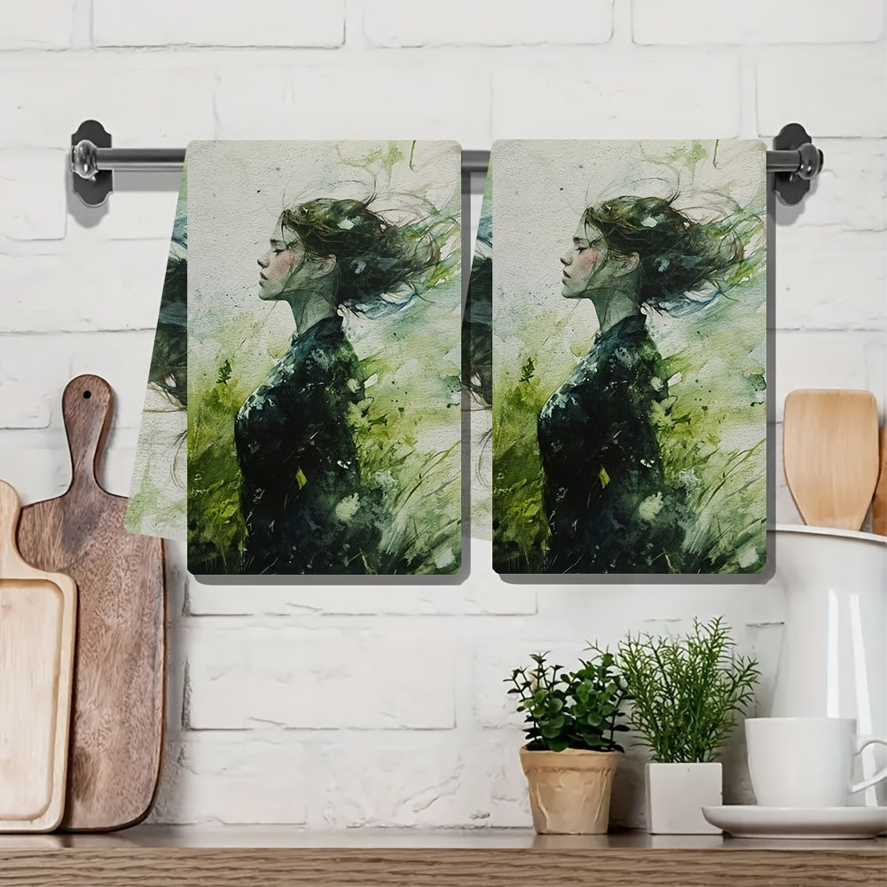 Pair of 2, Luxuriously Soft Kitchen Towels in Verdant Wind, Exceptionally Absorbent Dish and Hand Towels for Festive Decor, Safe for Machine Washing, Dimensions 40.64X60.96 cm.