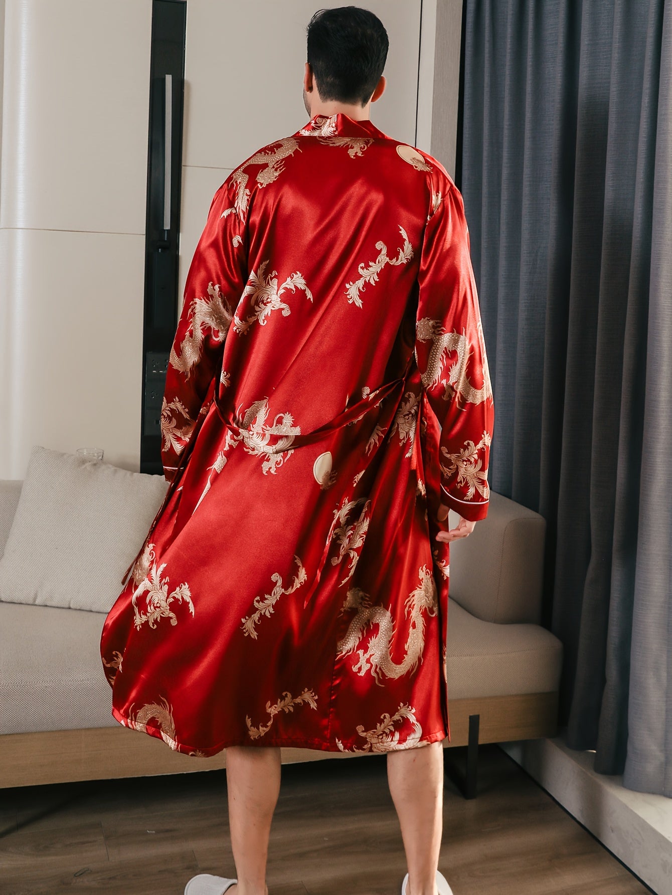 Men's long-sleeve robe with golden dragon print, ideal for loungewear or pajamas in any season.