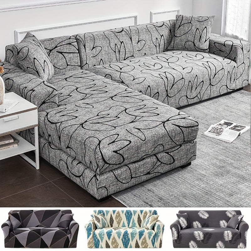 Elastic leaf-printed sofa slipcover for non-slip protection and decor in the living room.