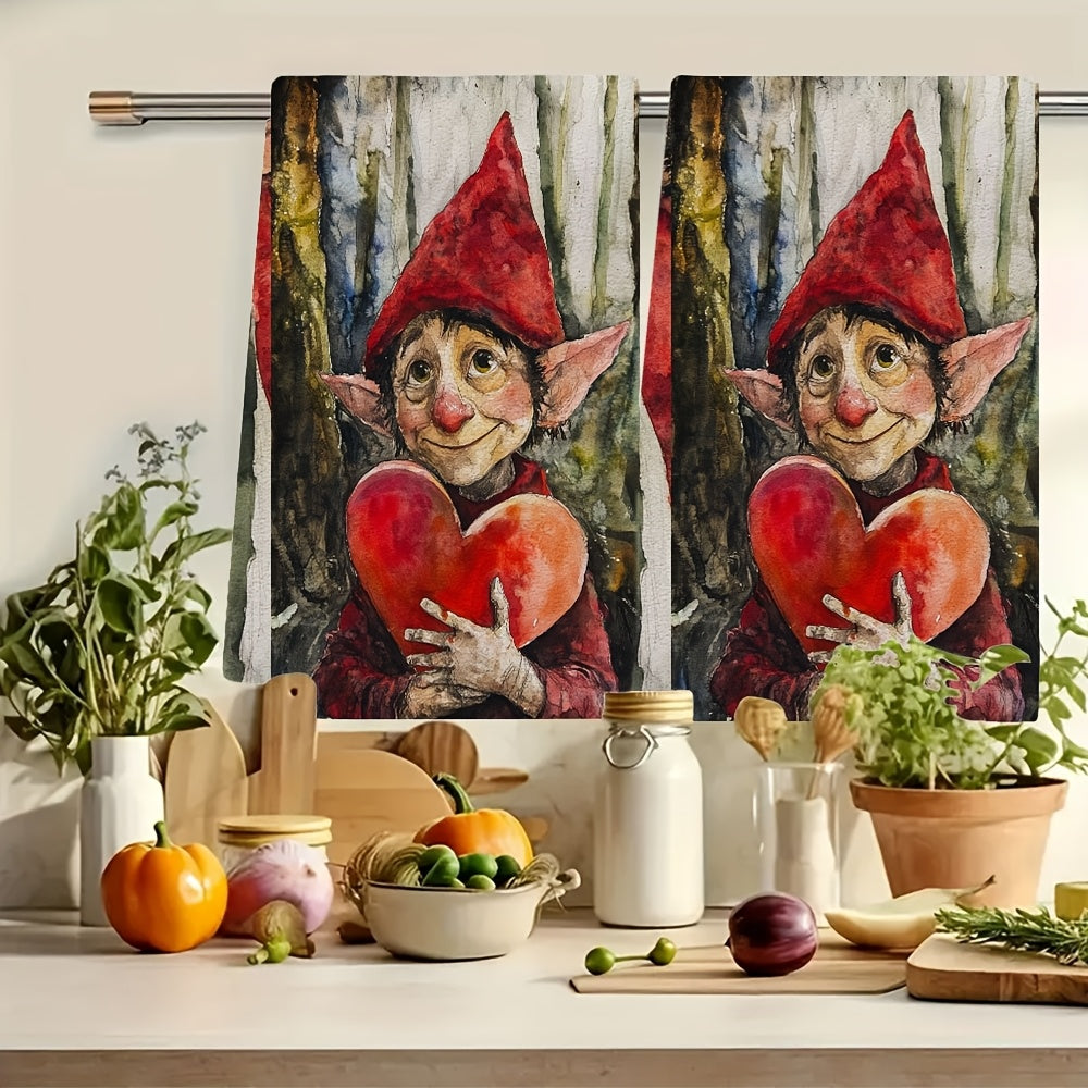 Get a pair of ultra-soft kitchen towels with a Valentine's Day elf design, perfect for holiday decoration. These towels are highly absorbent, machine washable, and measure 40.64X60.96 cm.