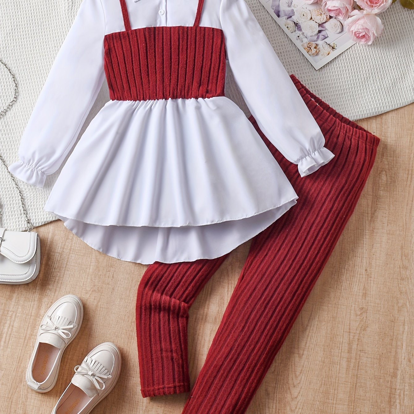 2-piece stylish outfit for girls: Solid color blouse with long sleeves and splicing design, paired with slim pants. Perfect for outdoor activities in spring and fall.