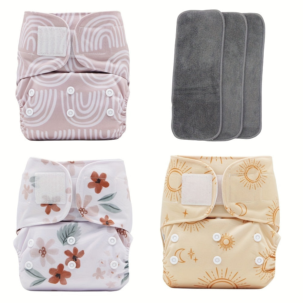 Asenappy Cloth Diaper Set includes 6 pieces of reusable polyester nappies with adjustable snap fasteners. The set also comes with 3 diapers and 3 inserts, all featuring a soft waterproof cover. Suitable for children aged 0-3 years old.