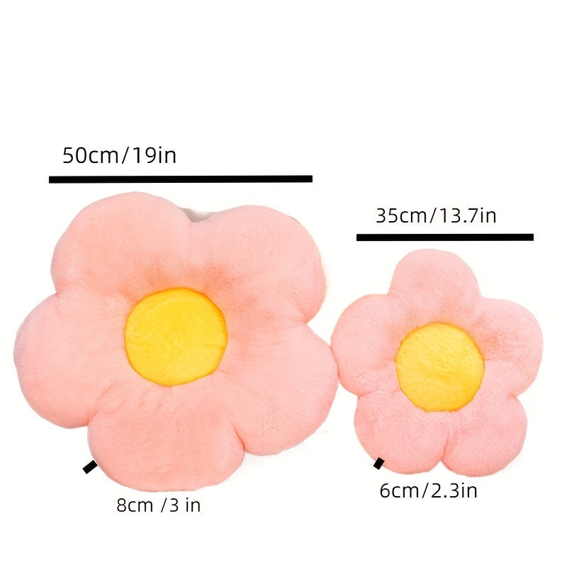 Cute flower plush pillow seat cushion in yellow, pink, and blue. Machine washable, cozy seating addition for home decor and reading spaces. Soft acrylic filling and decorative pillows in contemporary floral design.