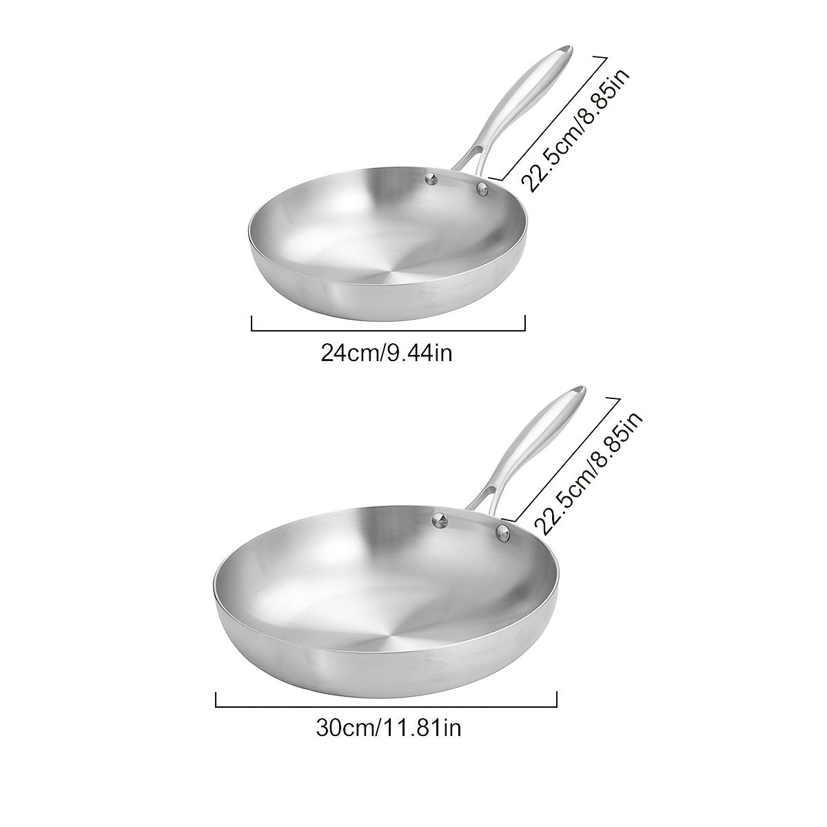 Two pieces of Tri-Ply Stainless Steel Skillets, featuring a Nonstick coating and are safe for use in the Oven & Dishwasher. This Classic Cookware set includes Stay-Cool Handles and comes in 30cm & 24cm sizes.