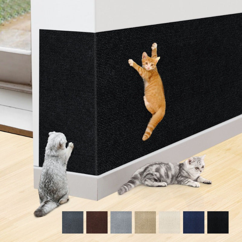 Wall-mounted cat scratching mat made of durable, fluff-free polyester with self-adhesive backing, cut-to-fit for all breeds.