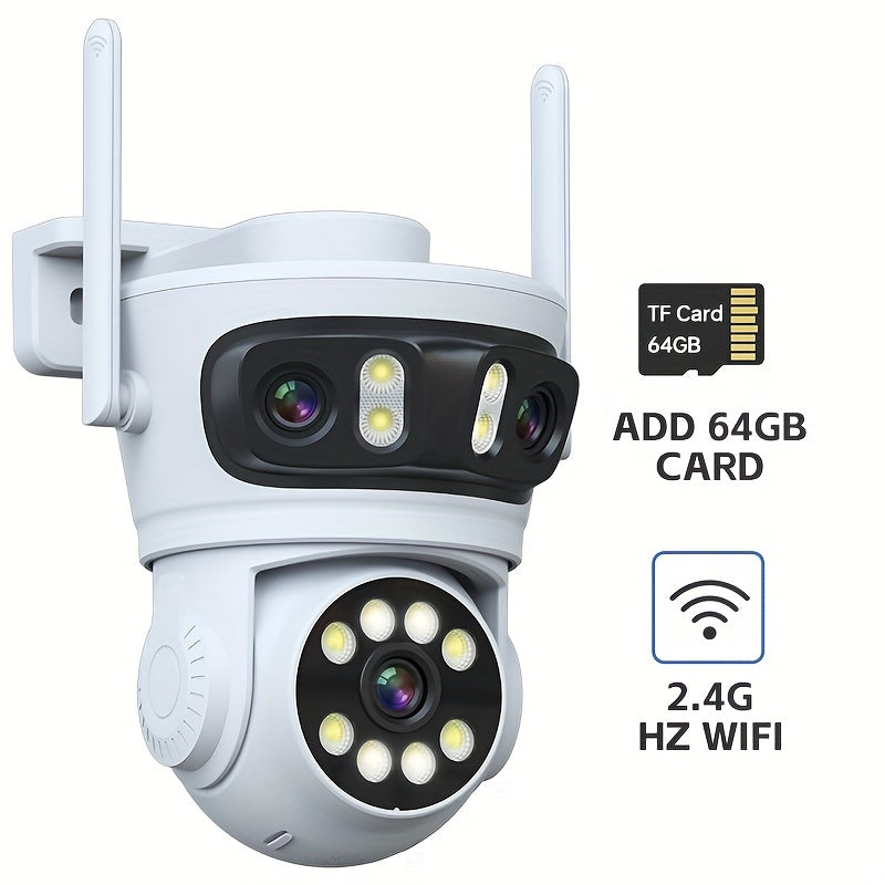 Wireless Smart Home Security Camera with Triple Lens Technology - Features 360° Pan/Tilt, AI Human Detection, Color Night Vision, and WiFi Connectivity for Remote Monitoring.