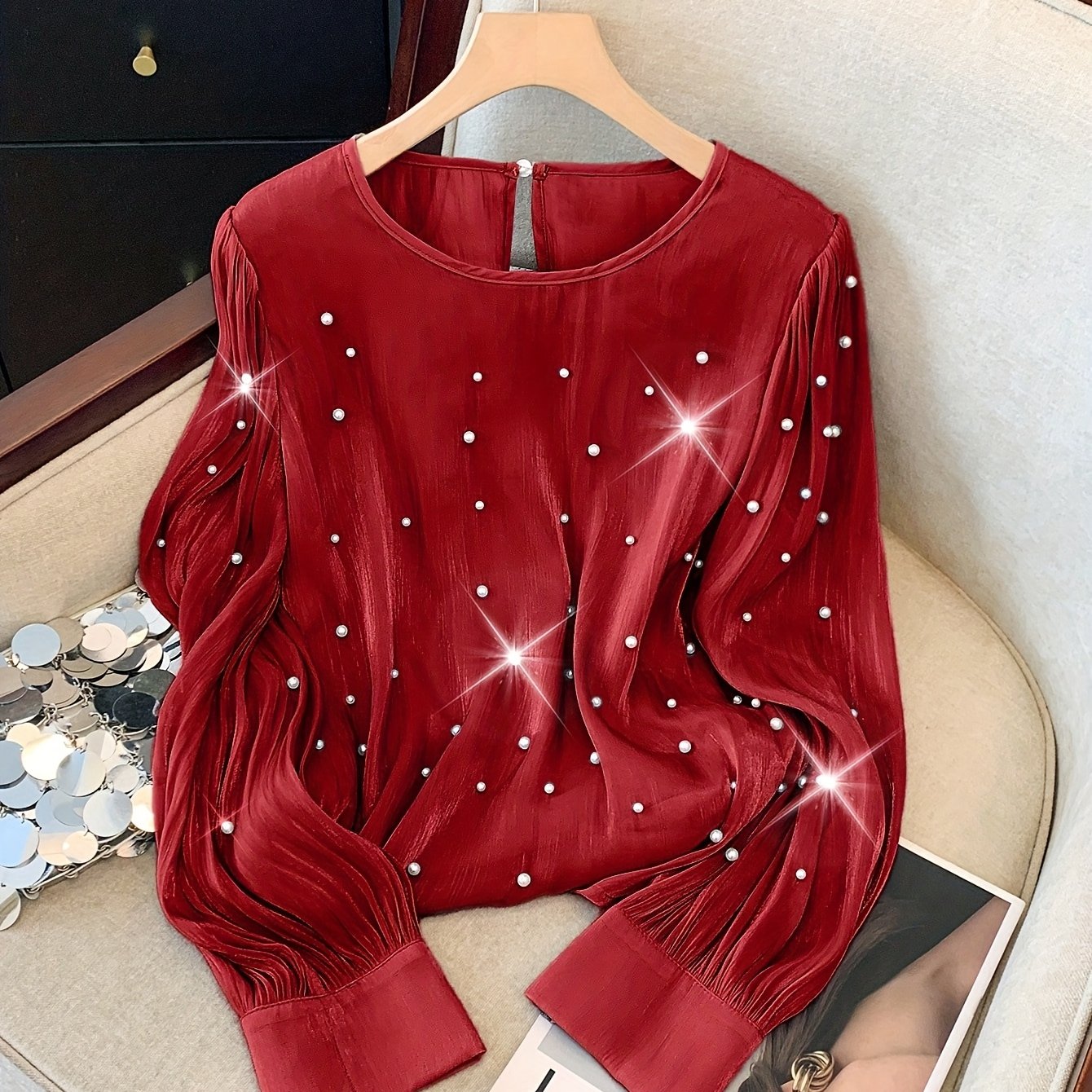 Women's luxury beaded V-neck blouse, elegant French style, long sleeve, polyester, machine washable, perfect for spring/fall fashion events.