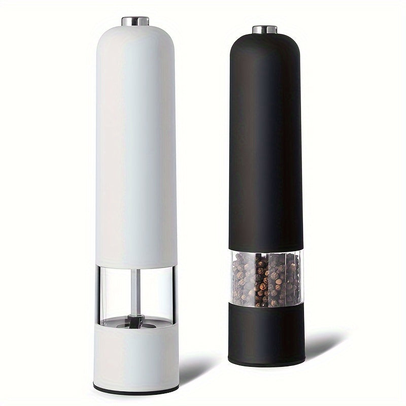 Automatic electric salt and pepper grinder set with adjustable coarseness, ideal for cooking and BBQs.