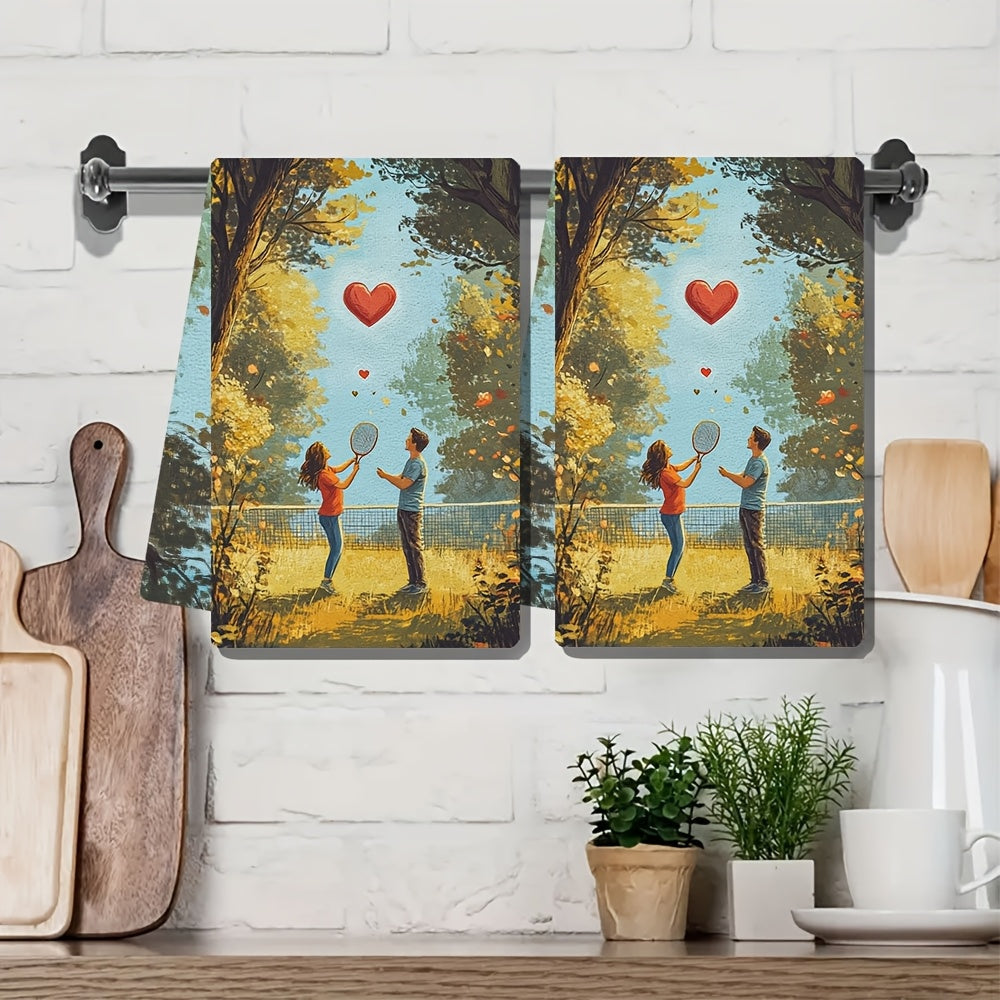 This pair of ultra-soft kitchen towels showcases a charming scene of a couple playing badminton in a park, complete with a heart-decorated shuttlecock flying between them. These highly absorbent dish towels are ideal for holiday decorating, machine