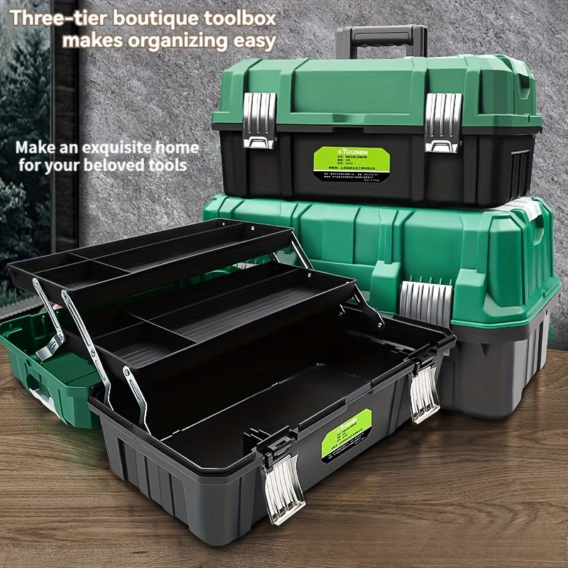 TUOSEN 16-inch Triple-Layer Folding Toolbox - Waterproof Plastic Organizer for Electricians & Carpenters with Multi-Compartment Storage.