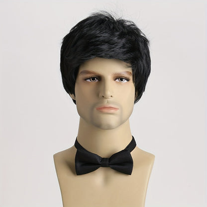 This stylish men's short curly wig features side bangs and is made of 10-inch synthetic fiber that is heat resistant and non-textile material. The black color and funky style make it perfect for everyday wear, parties, Halloween, and role-playing.