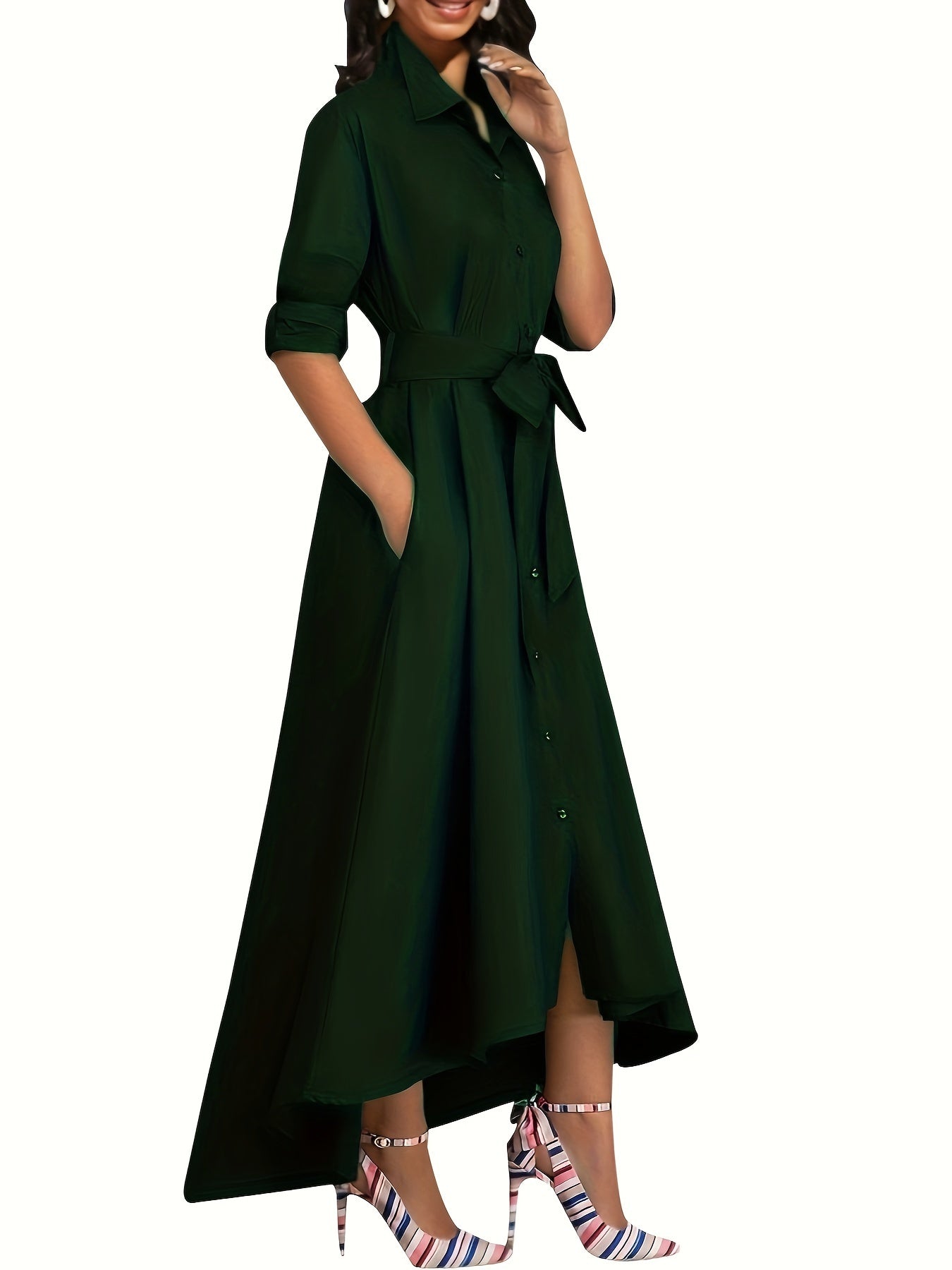 Stylish green midi dress for women, featuring a button-up collar design in a polyester and spandex blend with belt detail.