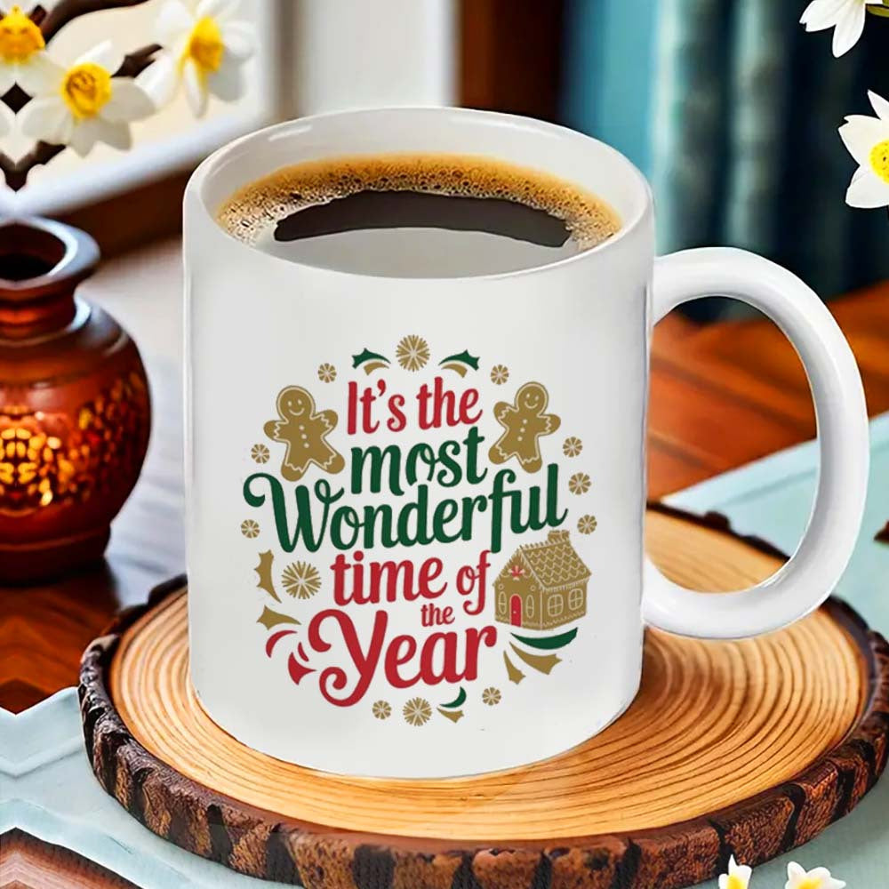 Get into the holiday spirit with this festive ceramic coffee mug featuring the phrase "It's the Most Wonderful Time of the Year." Perfect for the office, camping, or dining. This mug is food-safe and requires no power.