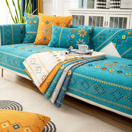 Bohemian-style Sofa Slipcover with Embroidery, Pillowcase and Cushion Covers. Suitable for Bedroom, Office, Living Room Home Decor.