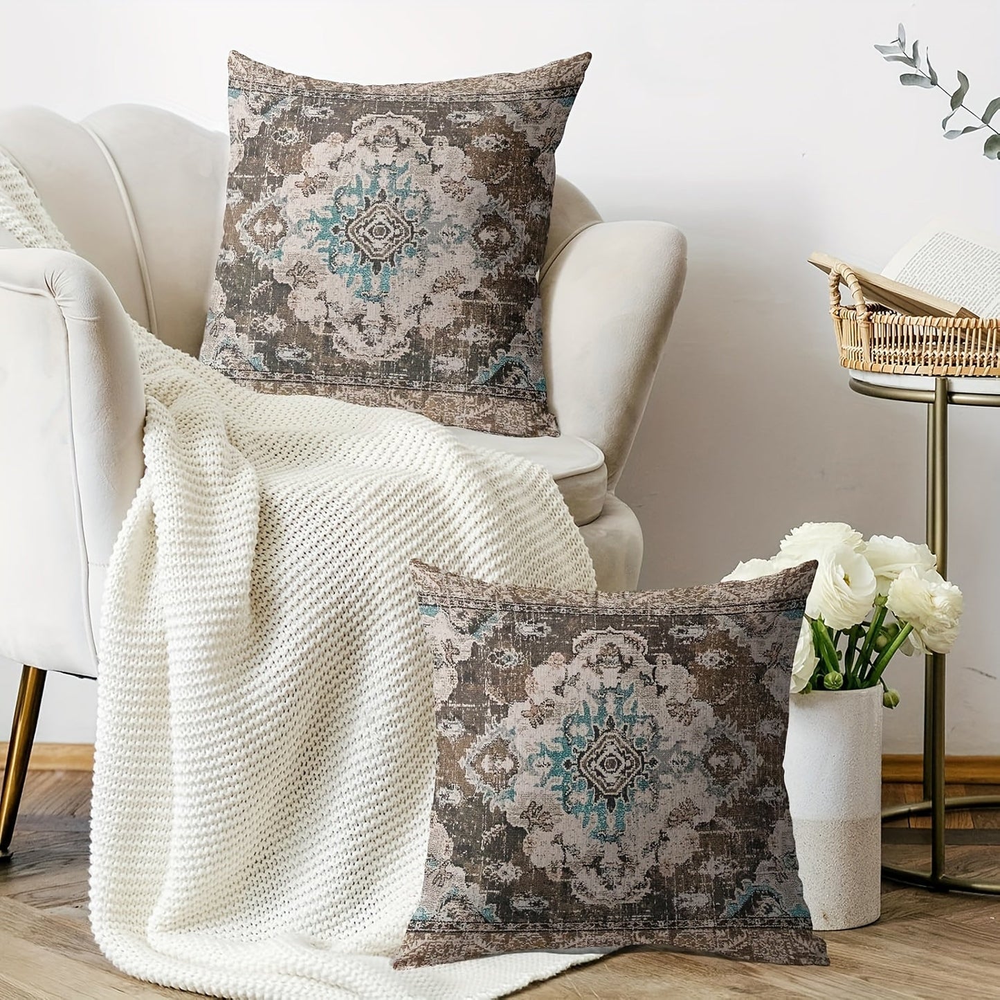 Pair of Boho Chic Linen Pillow Covers featuring a Brown & Blue Floral Design, with Zippered closures for easy removal. These Decorative Throw Pillow Cases are suitable for use on both sofas and beds, and are Machine Washable for easy maintenance.