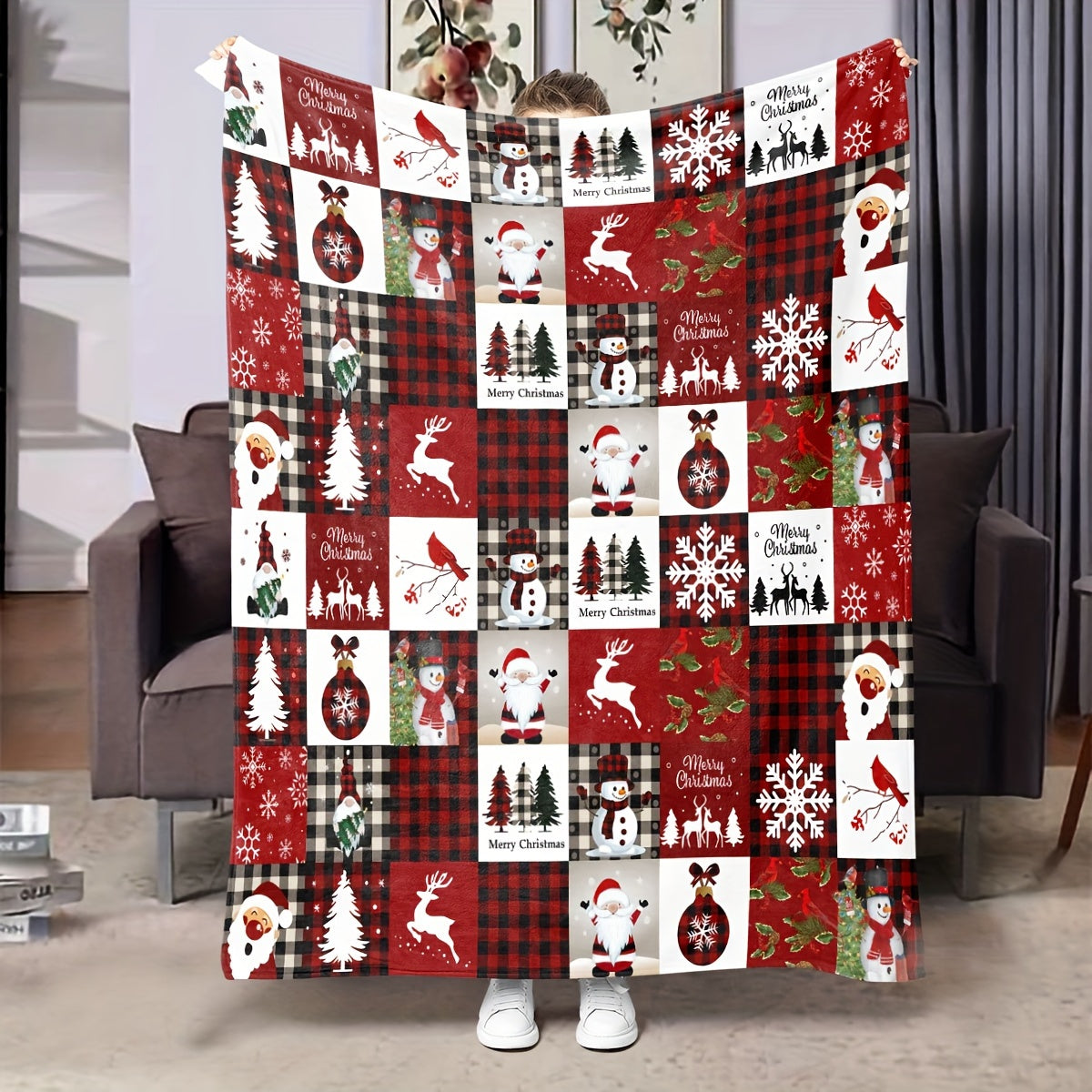 Cozy Christmas Reindeer & Snowflake Throw Blanket made from Soft Polyester Flannel - Perfect for All Seasons. Featuring a Reversible design with Durable Digital Print in a Contemporary Style. Versatile and Multi-Purpose for use on Sofa, Bed, Office Nap