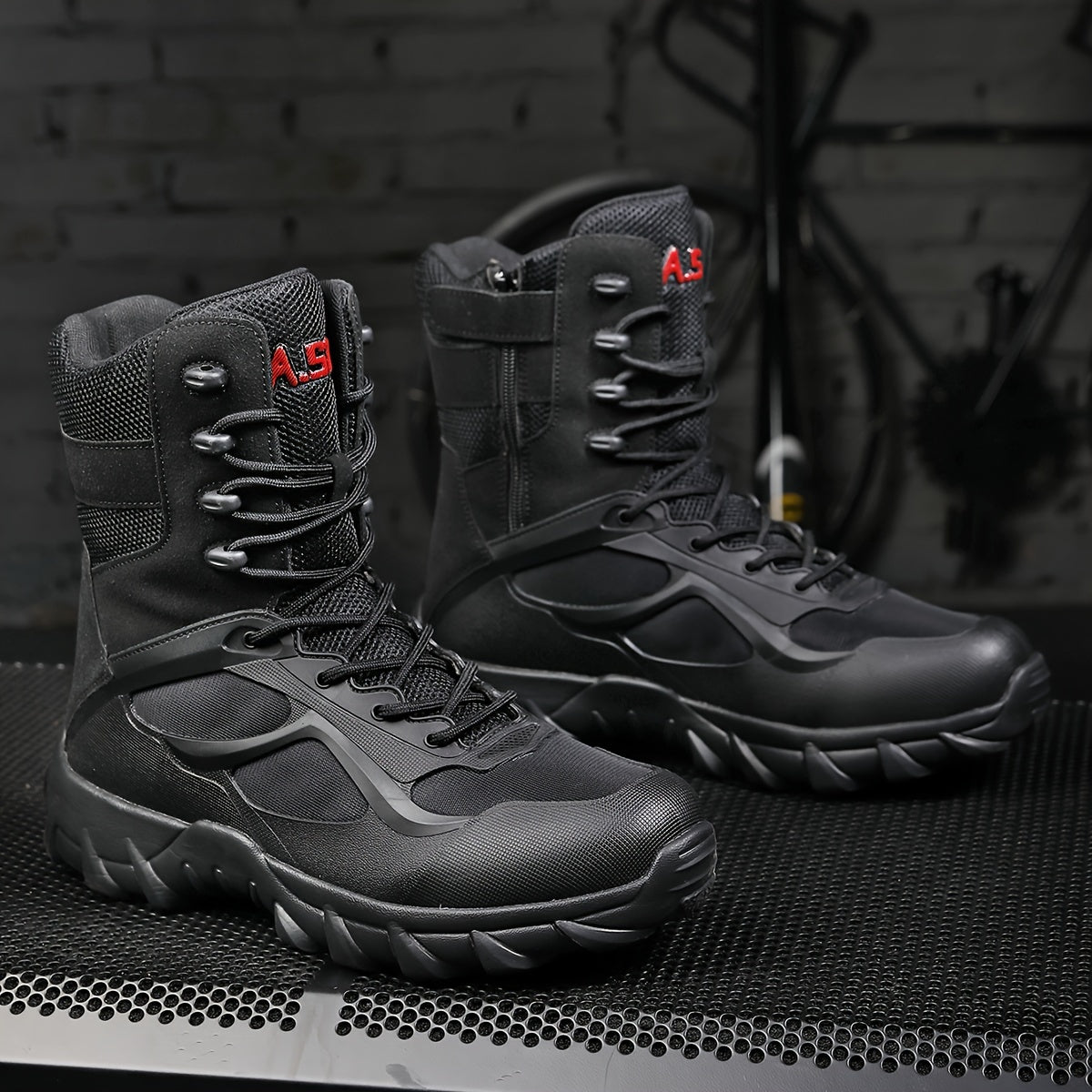 High-top hiking boots for men with breathable fabric, non-slip soles, and zip/lace closure, perfect for all seasons including autumn.