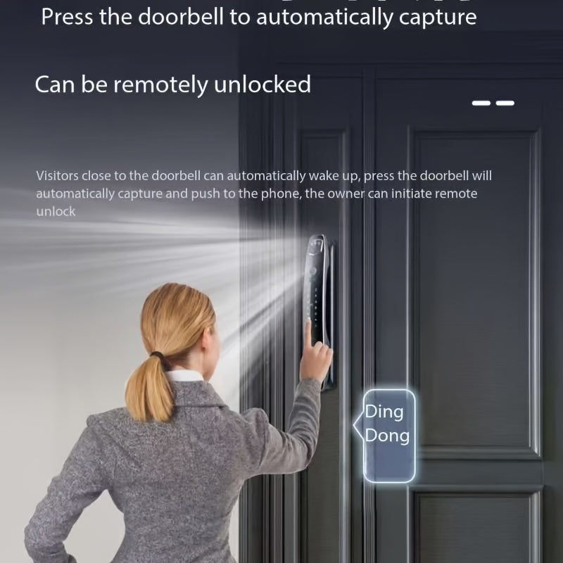 Smart lock with intelligent 3D facial recognition, automatic fingerprint scanning, and password entry for home security.