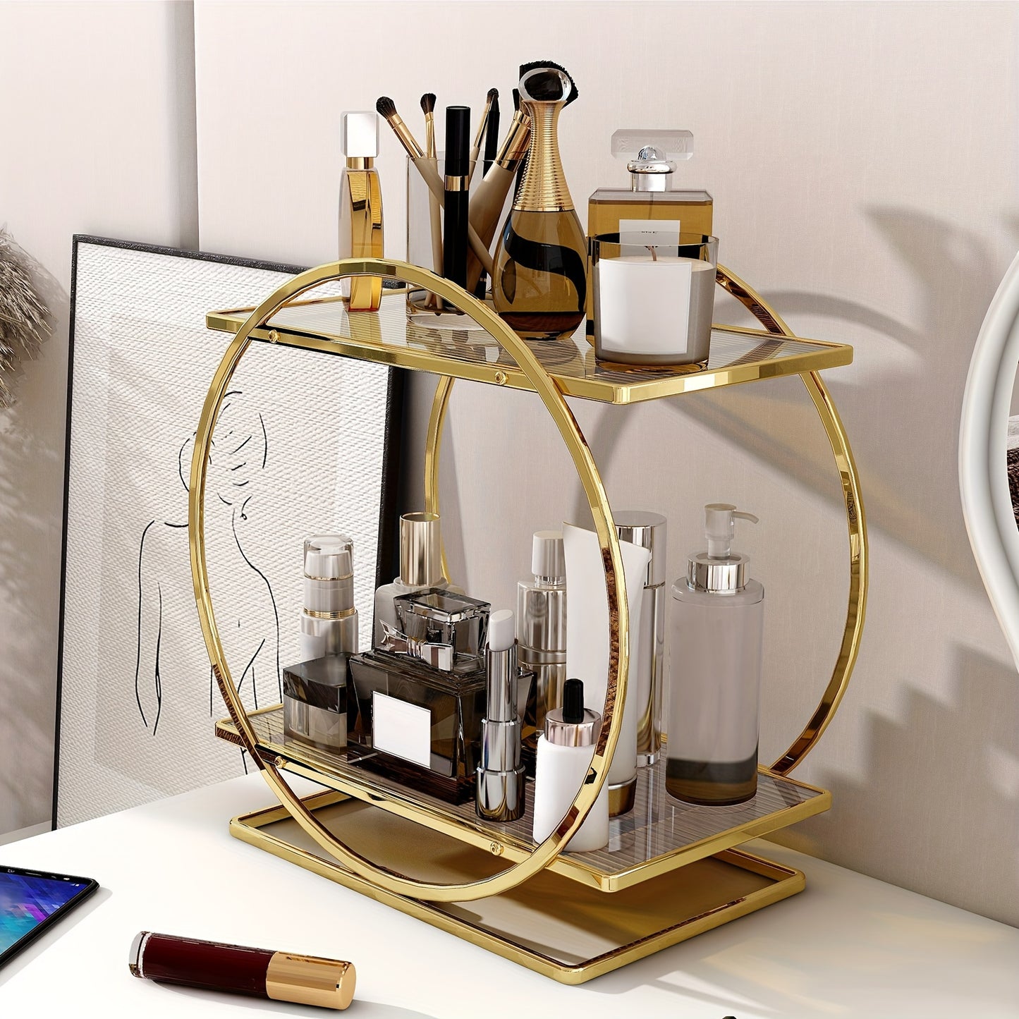 Golden cosmetics storage rack with 2 tiers made of rust-proof cast iron. Large capacity for skincare, lipstick, perfume, and more. Circular design for bathroom and makeup area.