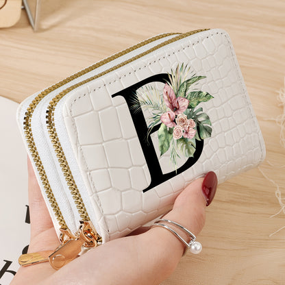 Women's credit card wallet with elegant floral letter print in black & white. Features large capacity, dual zipper, crocodile texture PU, lightweight design with nylon lining for everyday