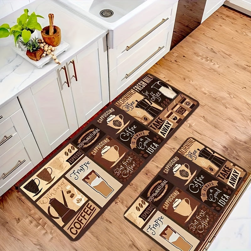 Vintage Coffee-Themed Non-Slip Kitchen Rug Set of 3, Machine Washable Polyester Mats, Waterproof Floor Mats - Perfect Christmas Gift for Home, Office, Laundry Room