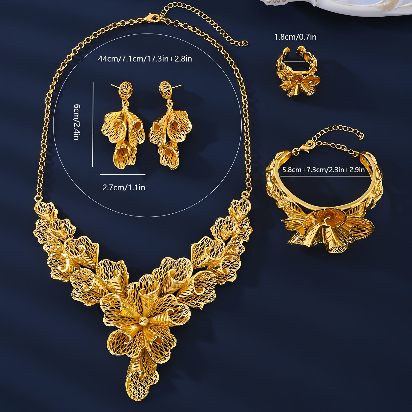 Indulge in the timeless elegance of the MEIZ Vintage Style 18K Golden Plated Copper Jewelry Set - a luxurious 5-piece collection inspired by the opulence of the Middle East. Perfect for women who want to make a statement at parties, festivals, or special