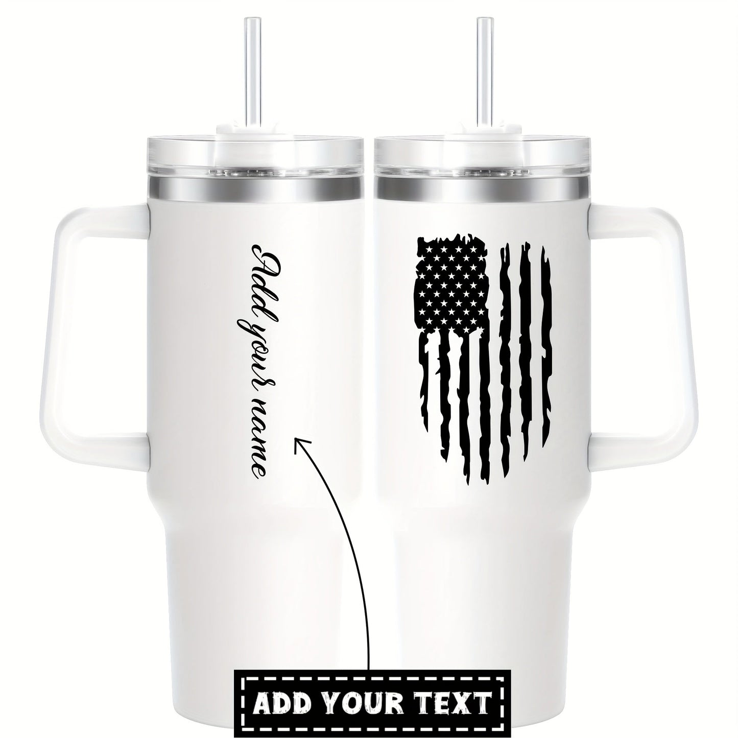 Introducing our custom 40oz stainless steel tumbler with a convenient handle and lid. This personalized tumbler features an American flag print and is double wall vacuum insulated for keeping your drinks at the perfect temperature while you're on the go.